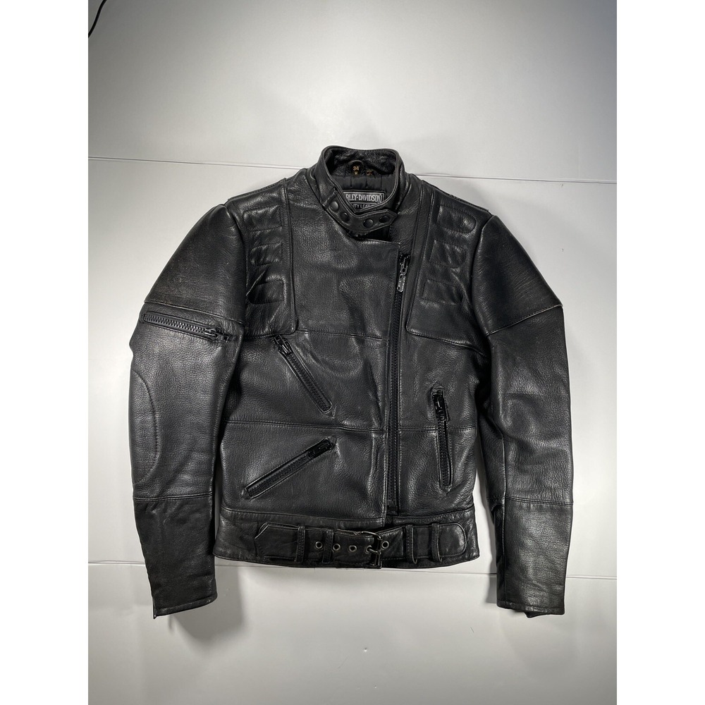 Harley Davidson Motorcycle Jacket Womens 34W Black Leather Padded Belted Vintage